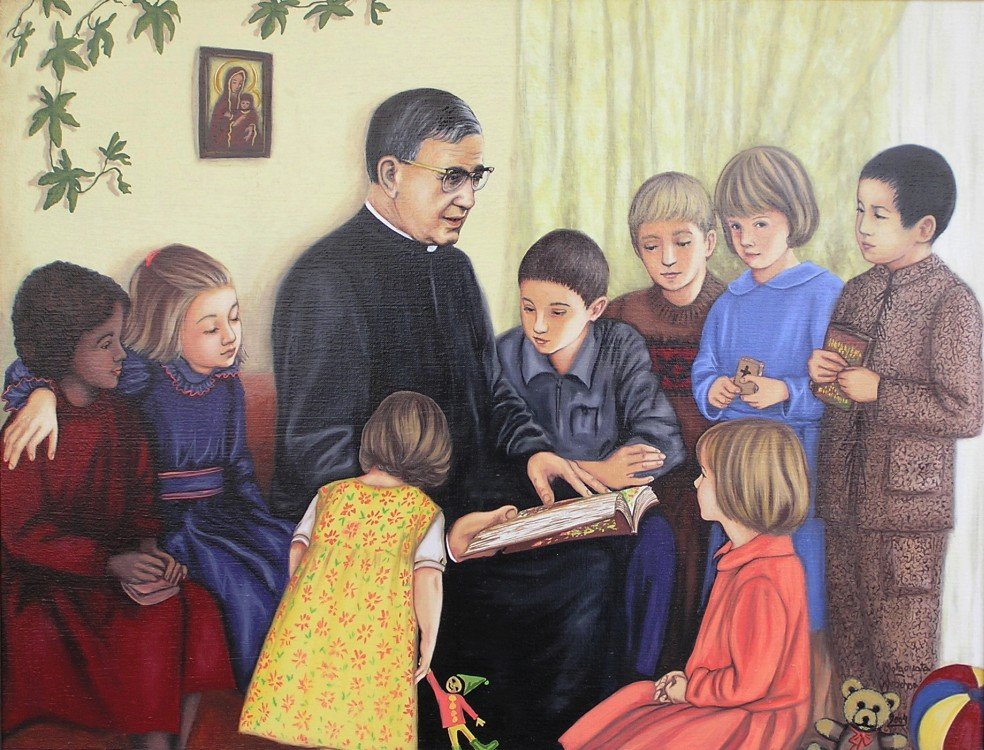 , St. Josemaria Escrivá with children <br>Oil on canvas